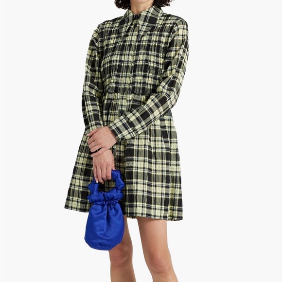 GANNI Seersucker Check Smocked Shirt Dress Size 34 (US2) - Picture 2 of 8